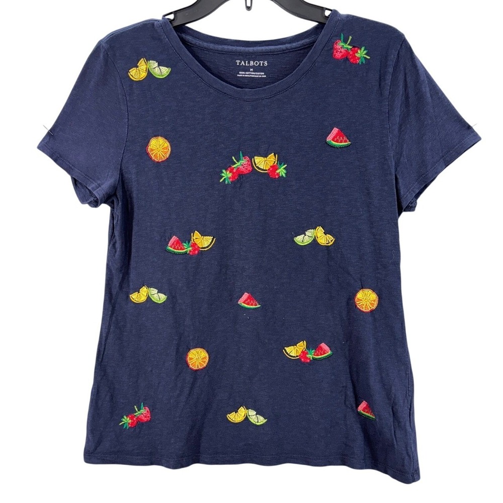 Talbots Fruit Embroidered Tee Women Medium Navy Blue Beaded Cotton Short Sleeve